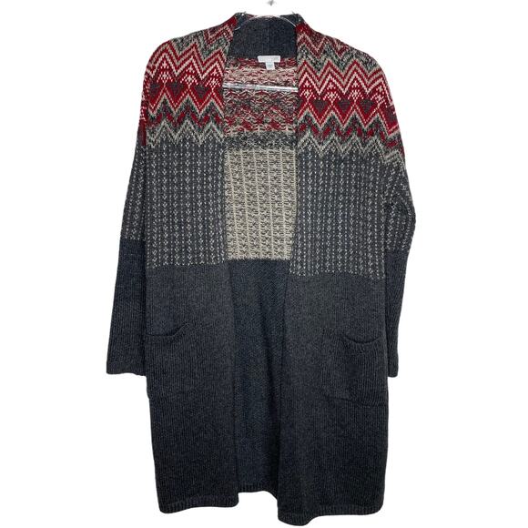 J Jill Womens Small Open Front Long Cardigan Duster Sweater Red Gray Wool Blend - Picture 1 of 9